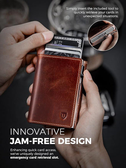 LORZOR Wallet for Men with Metal Card Holder, Pop Up Wallet, Finest Full Grain Leather Trifold Wallet, Smart, Minimalist, RFID Blocking, Front Pocket, ID Window, VintageBrown/Silver