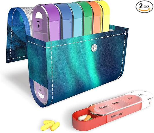 Pill Organizer,LIZIMANDU Weekly Travel Pill Case Box Medication Reminder Daily AM PM, Day Night 7 Compartments,for 4 Times A Day, 7 Days a Week-Includes Leather PU Carrying Case (Northern Light)