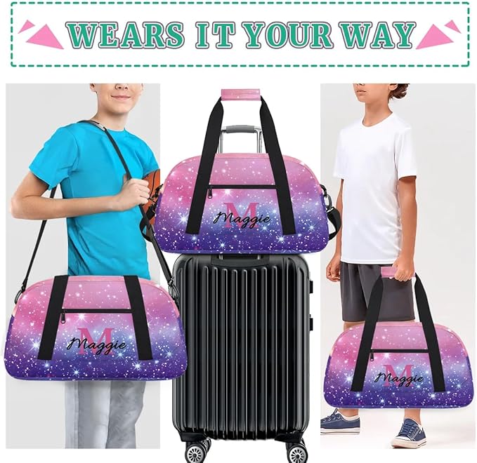Personalized Kids Sports Duffel Bag with Name Custom Weekender Overnight Bag for Boys Girls Gym Bag Travel Dance Gymnastics Duffel Bag, Pink Purple Glitter