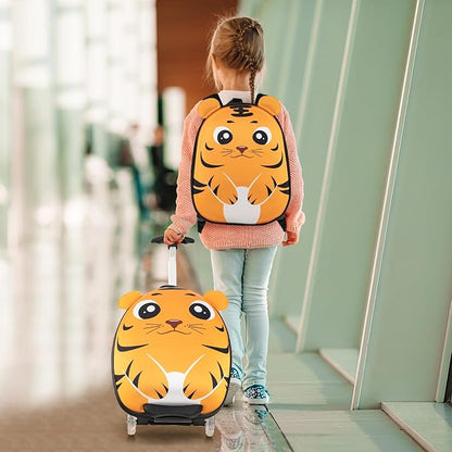 Goplus 2PC Kids Carry On Luggage Set, 16" Rolling Suitcase & 12" Backpack, Airline Approved Travel Trolley Luggage with Wheels for Toddlers Children Girls Boys (Tiger)