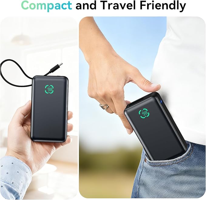 Portable Charger Power Bank, 10,000mAh PD 30W Fast Charging External Battery Pack with Built-in USB-C Cable, Travel Phone Charger with USB-C&A Output for iPhone 17 16 15, Ipad, Samsung, Google Etc