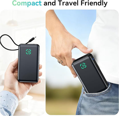 Portable Charger Power Bank, 10,000mAh PD 30W Fast Charging External Battery Pack with Built-in USB-C Cable, Travel Phone Charger with USB-C&A Output for iPhone 17 16 15, Ipad, Samsung, Google Etc
