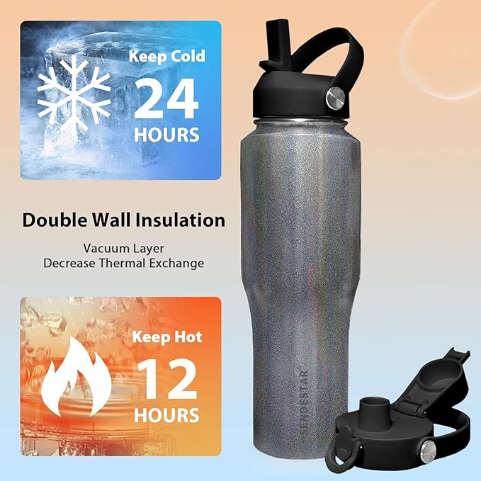 SENDESTAR 32oz Stainless Steel Water Bottle(Cold for 48 Hrs, Hot for 24 Hrs),Double Wall Vacuum Insulated Bottle with Straw Lid, Spout Lid and Flex Cap, Fit in Any Car Cup Holder,Laser Grey