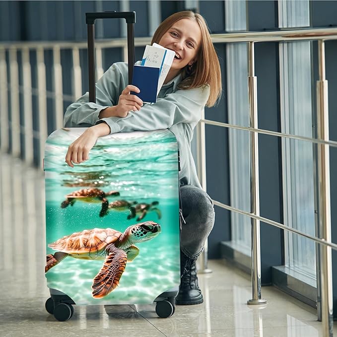 Suitcase Cover for Luggage 22-24 Inch, Washable Elastic Anti-Scratch Luggage Protector, Durable Zipper Baggage Cover with Handle Wrap, Travel Accessories for Suitcase, Cute turtle