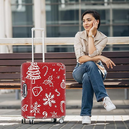 Red Christmas Luggage Cover – Snowflake & Candy Cane Suitcase Protector, Holiday Travel Luggage Sleeve, Stretchable & Waterproof,M