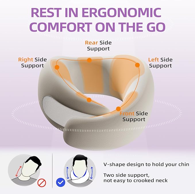 Travel Pillow - Memory Foam Neck Pillow Airplane, Neck Travel Airplane Pillow for Long Flight, 360º Support, Machine Washable (Purple)