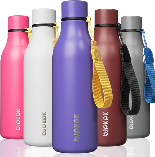 BJPKPK Insulated Water Bottles, 18 oz Stainless Steel Metal Water Bottle with Strap, BPA Free Leak Proof Jugs, Mugs, Flasks, Reusable Thermal Flasks for Sports & Travel, Purple