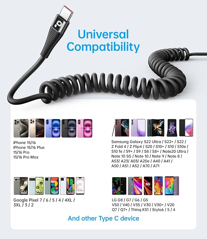 PRAKIE USB C Cable Fast Charging 5FT, Coiled USB A to USB C Cable for Car, Type C Charge Cord USB-C Charging Cable Compatible with iPhone 17/16/15/Samsung Galaxy S20 and More USB C Devices-Black 2Pack