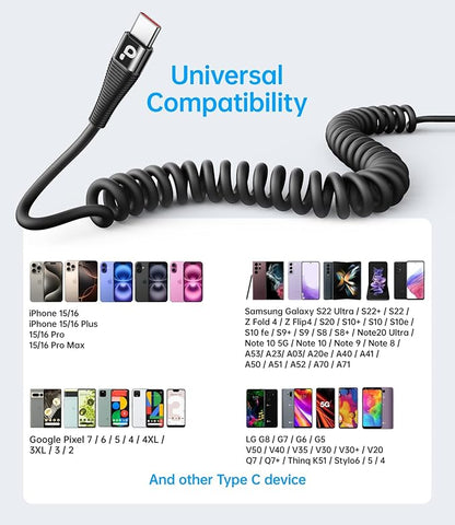 USB C Cable Fast Charging, 2Pack 3ft Coiled USB A to USB C Charge Cable for Car, USB-C Charging Cord Compatible with iPhone 17/16/15/Pro Max/Plus/Samsung Galaxy S20 S10 and More Type C Devices-Black