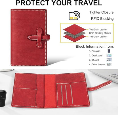 Leather Passport Holder for Travel Women Men, RFID Blocking Card Slot, Top-Grain leather with Magic Buckle, Boarding Pass Pocket,Retro Passport Wallet,Red