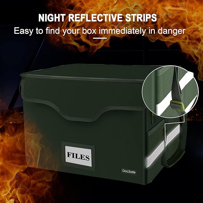 DocSafe Fireproof Document Box with Lock,File Storage Organizer with Mesh Pockets＆Lid,Collapsible Portable File Box Home Office Safe Filing Cabinet with Handle for Hanging Letter/Legal Folder,Green