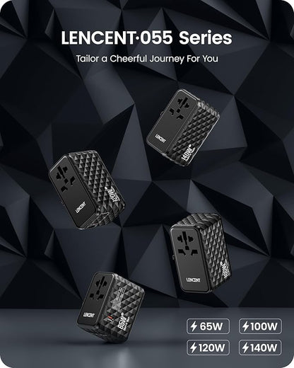 LENCENT 120W Universal Travel Adapter, GaN International Travel Adapter with 3 USB-C 1 USB-A Ports, Worldwide Fast Charger for Cameras Phones, All in One Power Converter for USA EU UK AUS Black