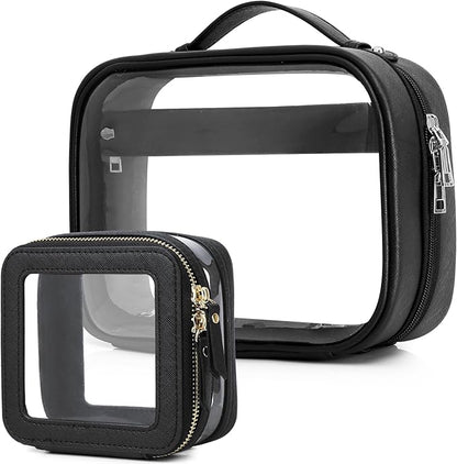 Pinkmik Travel Makeup Bag Set Portable Clear Cosmetic & Toiletry Case Women's Purse Organizer and Car Essentials with Zipper (Black, M+MINI-2)