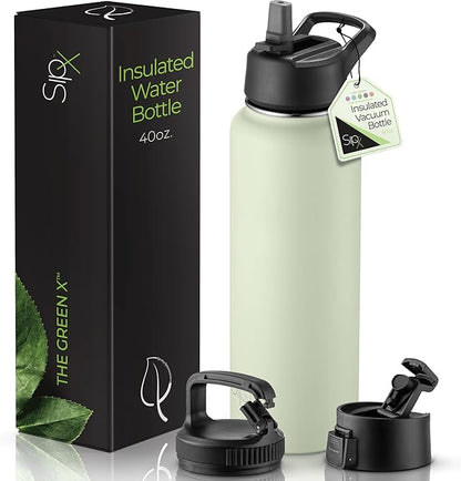 SipX™ Triple-Insulated Stainless Steel Water Bottle 40oz. With 3 Lids, BPA-Free Reusable Insulated Water Bottle Keeps Cold 24 Hours, Metal Water Bottle Made Of Sustainable Material For Hiking & Biking
