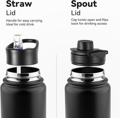 24oz Insulated Water Bottle with Straw Lid, Stainless Steel Metal Water Bottle with Straw & Wide Mouth Lid, Double Wall Vacuum Water Bottle for Hiking Camping, Black 4 Pack