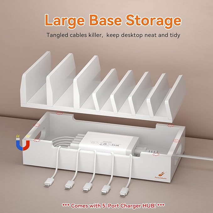 Pezin & Hulin Bamboo Charging Station with Watch Stand, Docking Holder for Multi Device with 5 Port USB Charger HUB, 5 Charge Cables, Desktop Electronic Organizer for Cellphone, Tablet, Watch-White