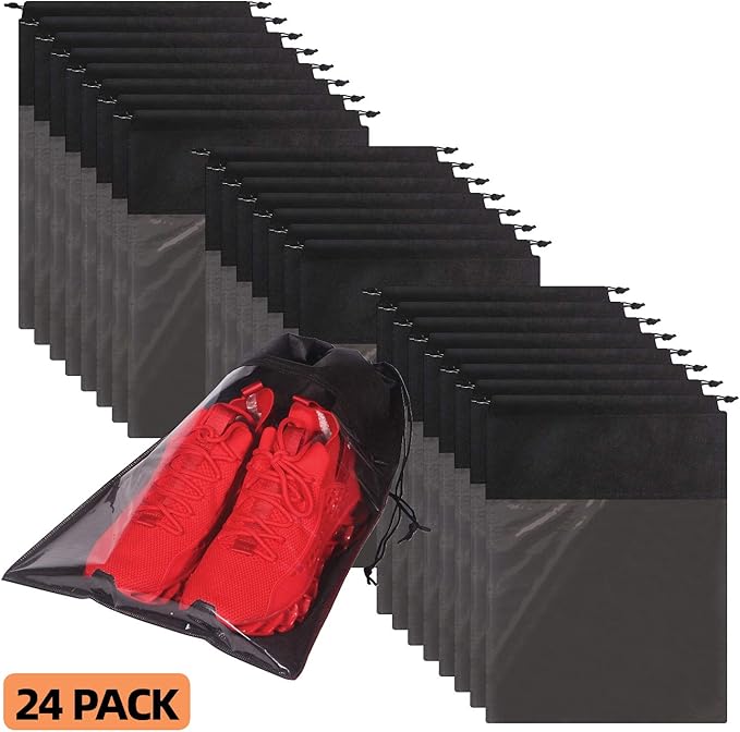 24 Pack Portable Shoe Bags for Travel Large Shoes Pouch Storage Organizer Clear Window with Drawstring for Men and Women Black
