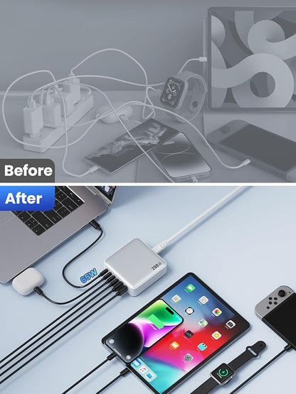 USB C Charger Block Charging Station 200W,Upgraded GaN IV 6-in-1 USB C Charger Fast Charging Hub,PD 65W Laptop Desktop Charging Adapter Compatible with MacBook/iPad, DELL,iPhone 16/15,Android etc