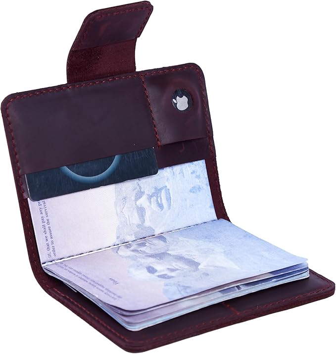 Passport Holder for Travel with AirTag - Passport Wallets Compatible with Airtag Passports Cover with Card Slots & Note Compartment, Magnetic Closure, Genuine Leather Crazy Horse, Vintage Burgundy