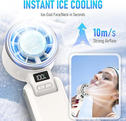 Portable Handheld Fan with Ice Cooling, Personal Fans Portable Rechargeable, Up tp 12Hrs Cooling, 5 Speed 25550RPM Hand Fan Rechargeable for Travel, Outdoor, Camping, Hiking (White)