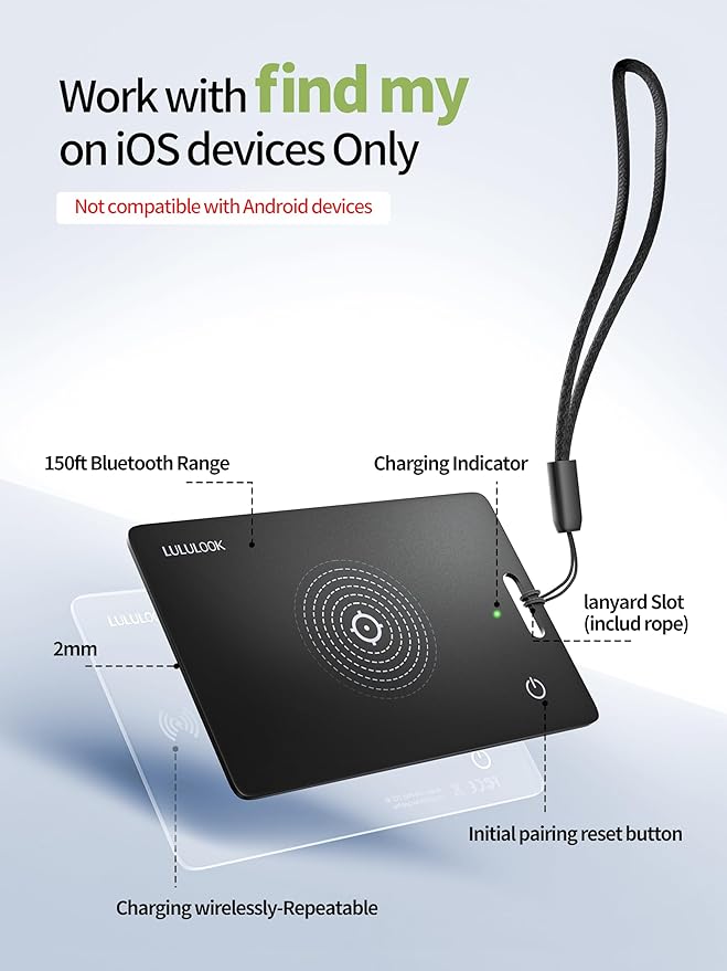 LULULOOK Wallet Tracker Card, 0.07in Ultra Slim Airtag Card Works with Apple Find My (iOS Only), Wireless Rechargeable IP68 Waterproof GPS Smartcard Tracker for Wallet Passport, 3Pack