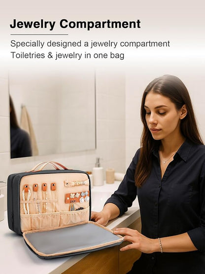 Women's Hanging Toiletry Bag, Waterproof Travel Cosmetic Organizer with Jewelry Storage, Large Capacity Makeup Case for Full-Size Skincare & Bathroom Essentials, Portable Cosmetic kit, Black