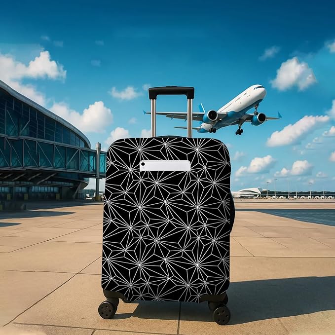 Black Polygonal Travel Luggage Cover, Travel-Themed Suitcase Protector Stretchable, Washable Travel Suitcase Cover (M for 22-24 Inch Luggage)