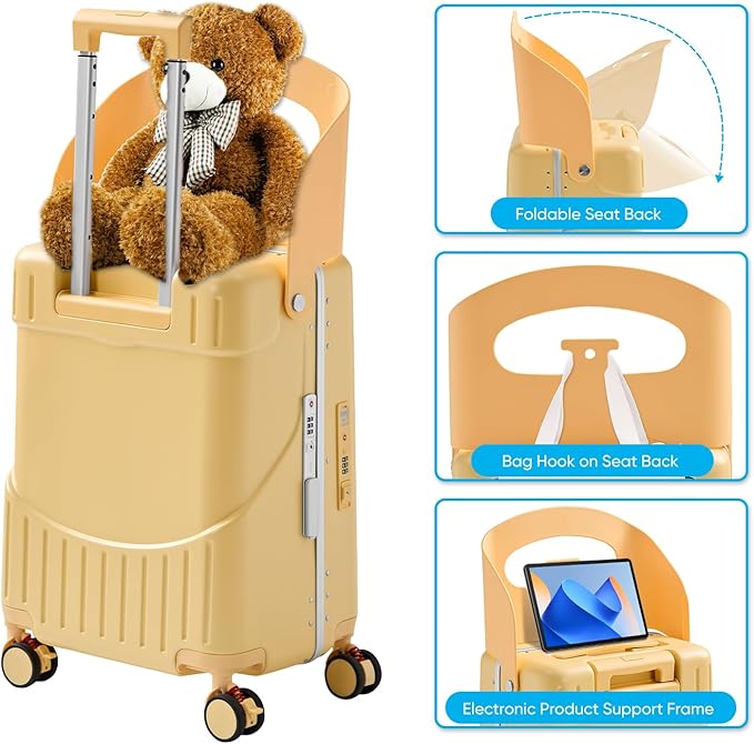 20 Inch Ride on Luggage With Seat For Kids&Adults,with Front Pocket, Foldable Seat Back TSA Approved Lock, 360° Spinner Wheels(20 inch,Yellow)