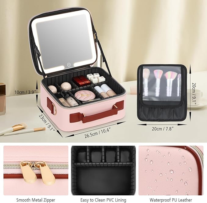 Travel Makeup Bag with Led Mirror Make up Case with Lighted Mirror Cosmetic Organizer bag with Adjustable Dividers and 5X Magnifying Mirror Makeup Box Vanity Case for Women