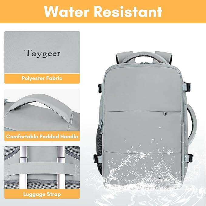 Taygeer Carry On Backpack for Men Women, Travel Backpack with USB Charging Port & Shoe Pouch, Laptop Mochila 17.3inch Flight Approved, College Teacher Tote Bag for Business Travel, Grey