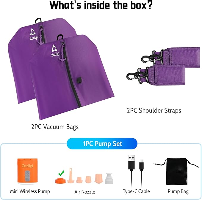 Zurligi Vacuum Bags for Travel with Pump, Vacuum Compression Bag with Adjustable Shoulder Strap, IP67 Reusable Vacuum Packing Cubes for Luggage, Backpack, Suitcase, Yoga, Swim, Beach