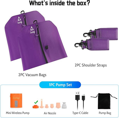 Zurligi Vacuum Bags for Travel with Pump, Vacuum Compression Bag with Adjustable Shoulder Strap, IP67 Reusable Vacuum Packing Cubes for Luggage, Backpack, Suitcase, Yoga, Swim, Beach