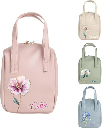 callie Personalized Makeup Bag - Custom Name & Birth Flower, Leather Cosmetic Organizer Travel Bag with Double Zippers & Handle, Birthday Christmas Gift for Women