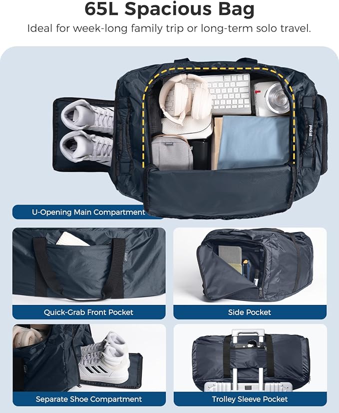 pack all 65L Foldable Travel Duffel Bag, Packable Weekender Bag with Shoe Compartment, Water-Resistant Gym Bag with Adjustable Strap for Overnight, Sports and Camping (Navy)