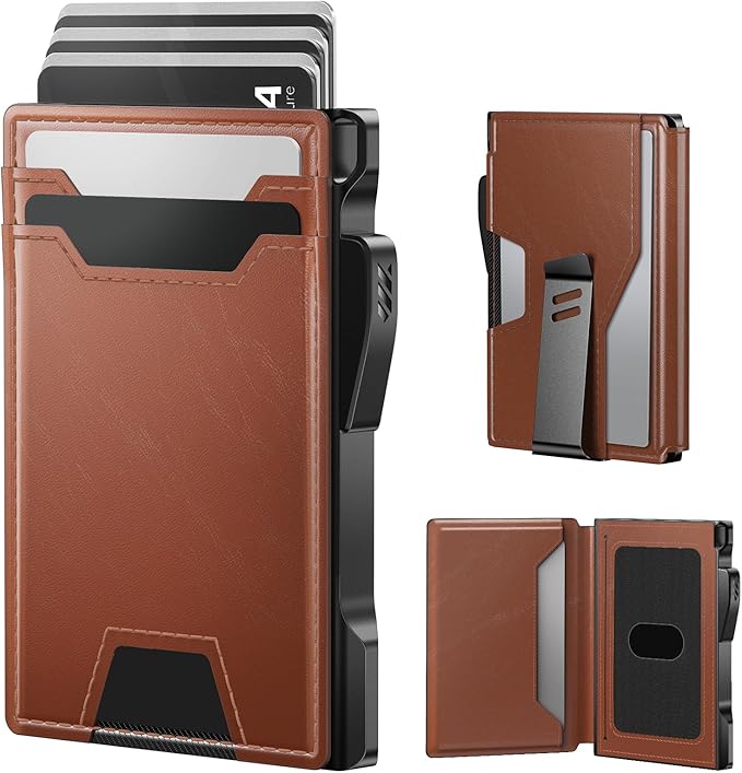 typecase Wallet for Men: Rfid-blocking with Money Clip Slim Leather Bifold ID Window Smart Pop Up Card Case Front Pocket Wallet with Gift Box (Light Brown)