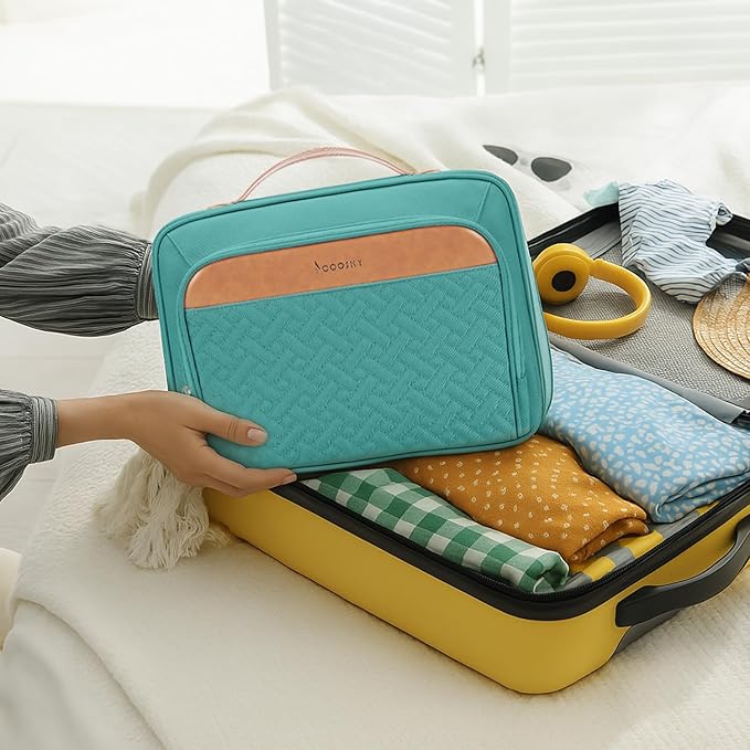 Travel Hanging Toiletry Bag for Women, with Jewelry Organizer Compartment, Medium Waterproof Hanging Makeup Accessories, Cosmetic Essentials, Toiletries Dopp Kit Set with Trolley Belt, Blue