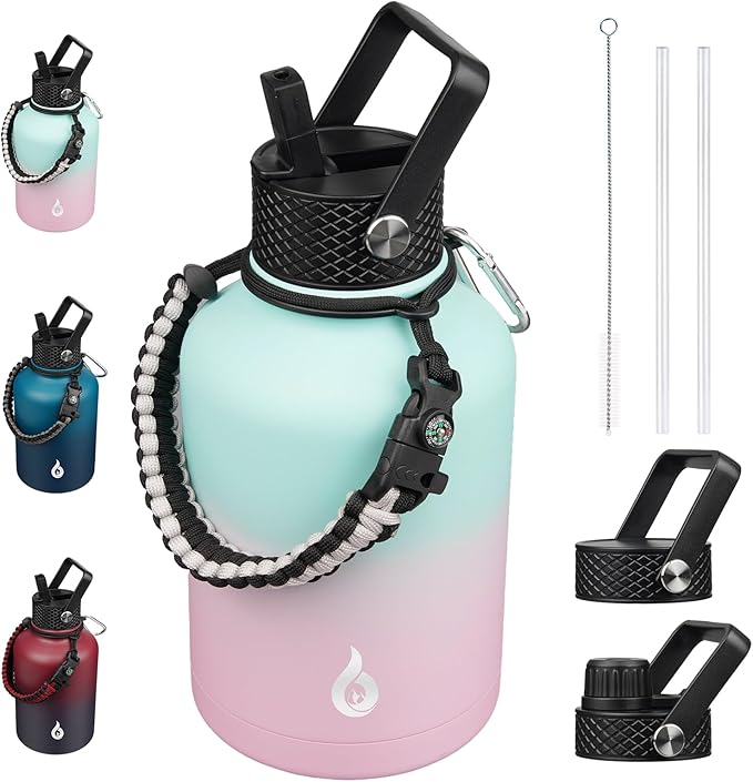 BJPKPK Insulated Water Bottles with Straw Lid, 50oz, 64oz, 87oz, 128oz Large Water Bottle with 3 Lids and Paracord Handle, Stainless Steel Metal Water Bottle, Insulated Water Jug,Marshmallow