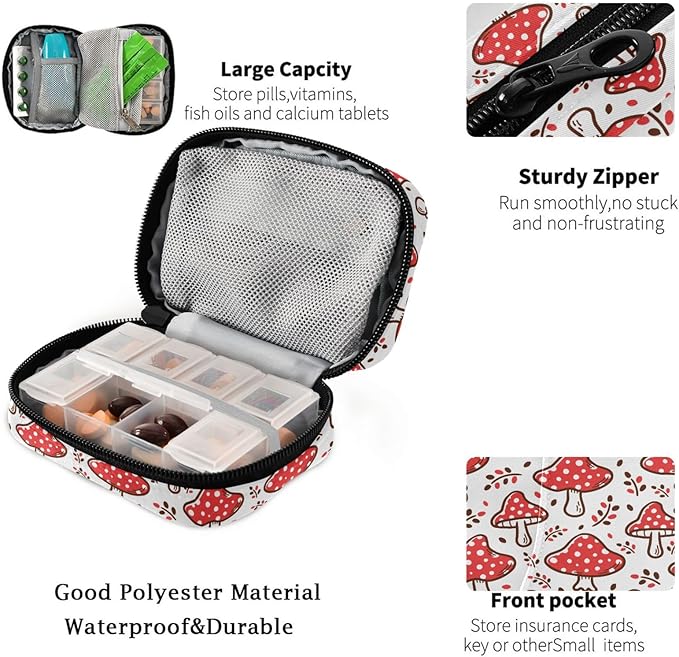Fustylead Aesthetic Amanita Red Mushroom Pill Organizer Travel Bag, Small Portable Pill Case Cute for Vitamin Fish Oil Supplements Medicine Organizer with Zipper