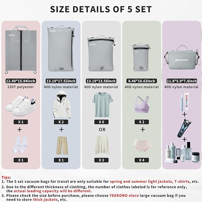 5 Set Vacuum Bags for Travel, Professional IPX8 Reusable Organizer, Compression Packing cube for Suitcases, Durable Seal Space Saver Bags -Traveling Essentials (Grey with Pump)