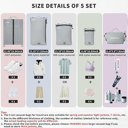 5 Set Vacuum Bags for Travel, Professional IPX8 Reusable Organizer, Compression Packing cube for Suitcases, Durable Seal Space Saver Bags -Traveling Essentials (Grey with Pump)