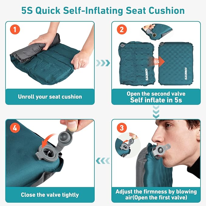 Inflatable Seat Cushion, Self Inflating Memory Foam Stadium Seat Cushion Lightweight Camping Chair Pad Airplane Cushion for Long Flights Outdoor Travel Bleacher Office Car Backpacking (Blue)