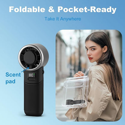 Portable Handheld Turbo Fan, USB Rechargeable Personal Mini Fan, LED Display, 5 Speed, 10H Cooling Time, Foldable Design, Powerful Turbo Small Pocket Fans for Travel, Outdoor, Office, Black