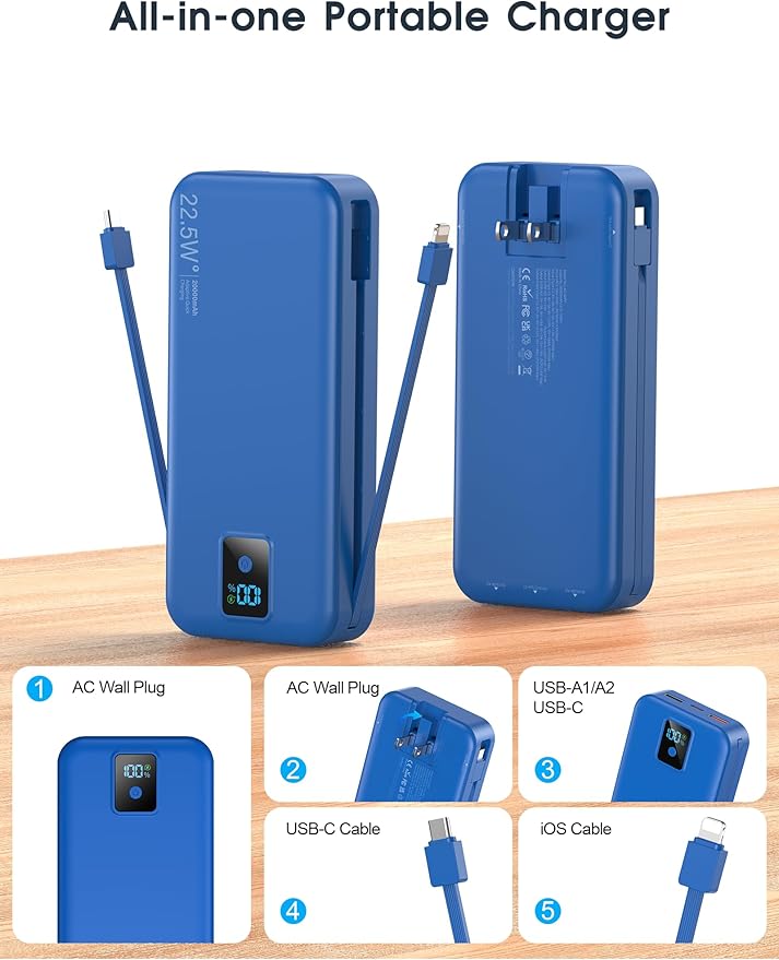 Portable Charger, 20000mAh 22.5W Fast Charging Power Bank with Built-in Cables & Wall Plug, Travel Essentials Battery Pack with LED Display, USB C External Battery Bank for iPhone iPad, Samsung Navy