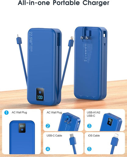 Portable Charger, 20000mAh 22.5W Fast Charging Power Bank with Built-in Cables & Wall Plug, Travel Essentials Battery Pack with LED Display, USB C External Battery Bank for iPhone iPad, Samsung Navy