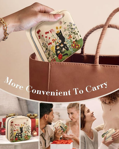 Bistup Travel Jewelry Case - Small Jewelry Organizers and Storage Box for Women Girls Teens Cute Traveling Jewelry Holder with Mirror Little Tiny Compact Modern Unique Aesthetic Pretty, Cat Flower