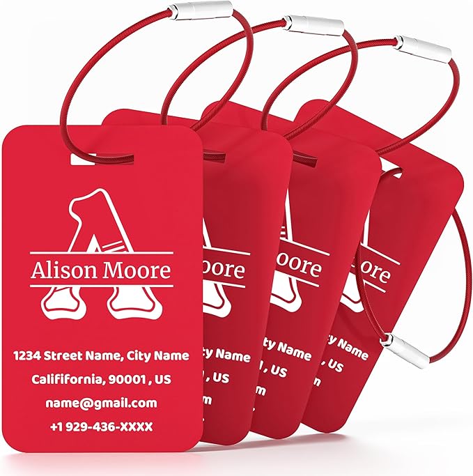 4 PCS Personalized Luggage Tags for Suitcases, Custom Aluminum Luggage Tags for Bags and Backpacks, Waterproof & Heavy Duty Personalized Metal Name Tags for Travel (Red)