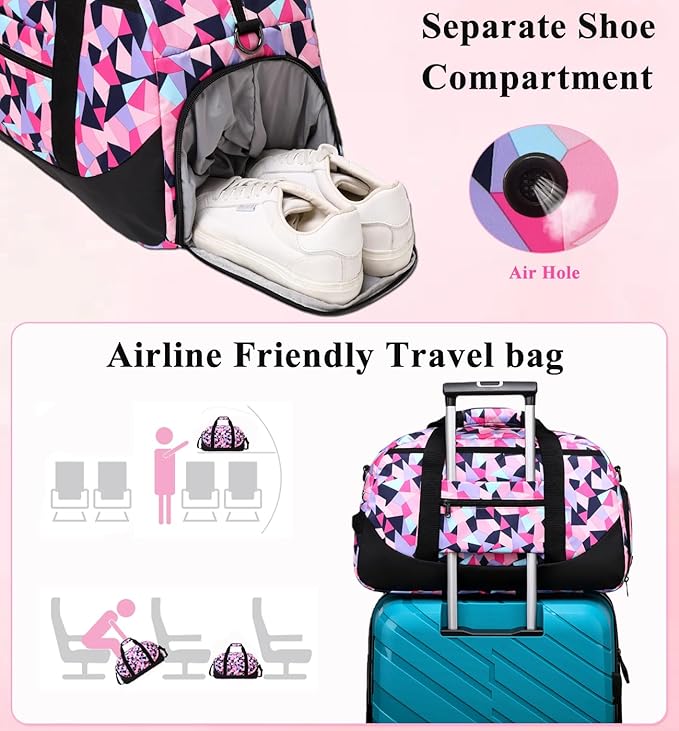 Duffle Bag for Girls Teens Sport Gym Bag Women Weekender Carry On Overnight Bag Workout Duffel with Shoe Compartment and Wet Pocket