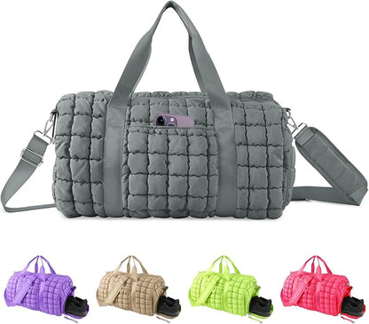 Quilted Travel Duffle Bag Gym Bag for Women,Large Puffer Duffle Weekender Bag with Compartment,Workout Overnight Carry on Organizer Bag Duffle Bag for Airplane Travel(L-Grey)