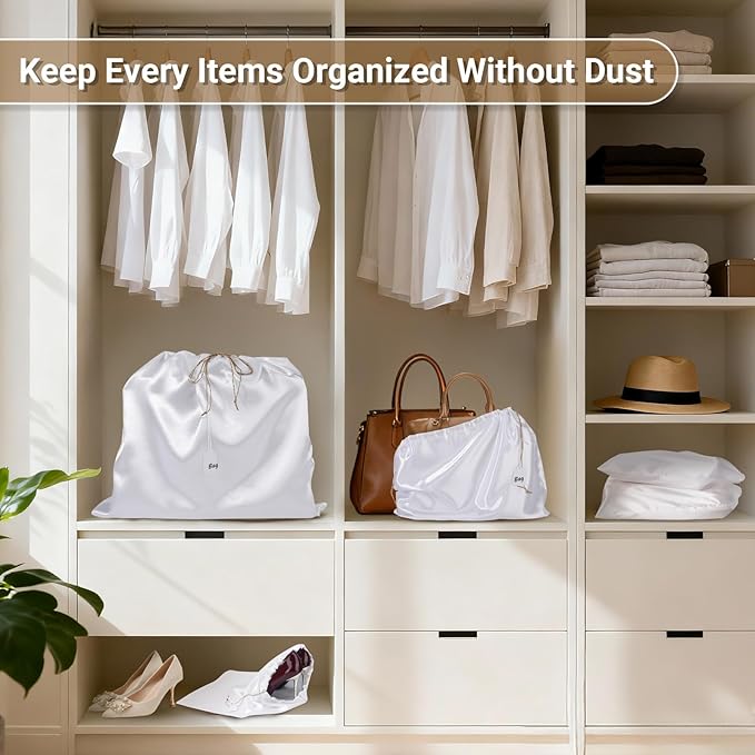 Ewen 7Pcs Dust Bags for Handbags, Satin Travel Dust Cover Bag, 2Pack 11.8x15.7in DustBag for Shoes, 2Pcs 19.6x15.7in Storage, Pack of 3 23.6x19.6in Bag for Purse, White Silk Cloth Bags with Drawstring