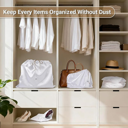 Ewen 7Pcs Dust Bags for Handbags, Satin Travel Dust Cover Bag, 2Pack 11.8x15.7in DustBag for Shoes, 2Pcs 19.6x15.7in Storage, Pack of 3 23.6x19.6in Bag for Purse, White Silk Cloth Bags with Drawstring